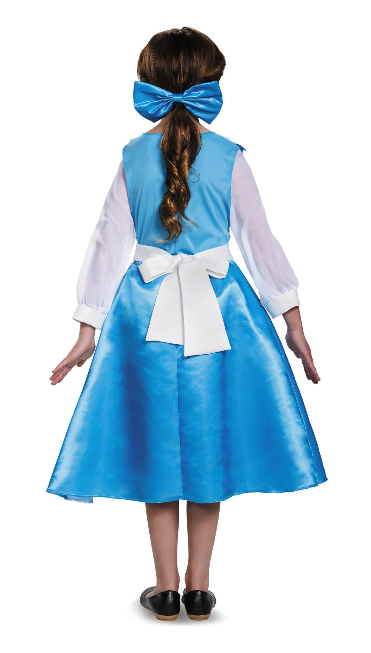 Girls blue and white dress costume with back bow and flared satin skirt