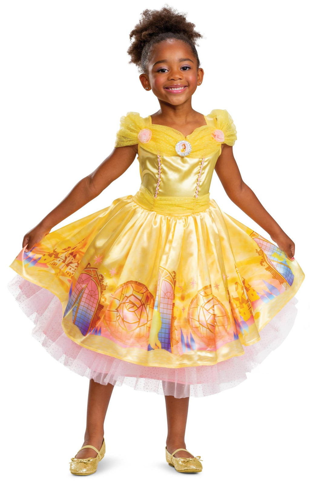 Girls' yellow satin costume dress with puff sleeves and layered tulle skirt
