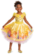 Girls' yellow satin costume dress with puff sleeves and layered tulle skirt