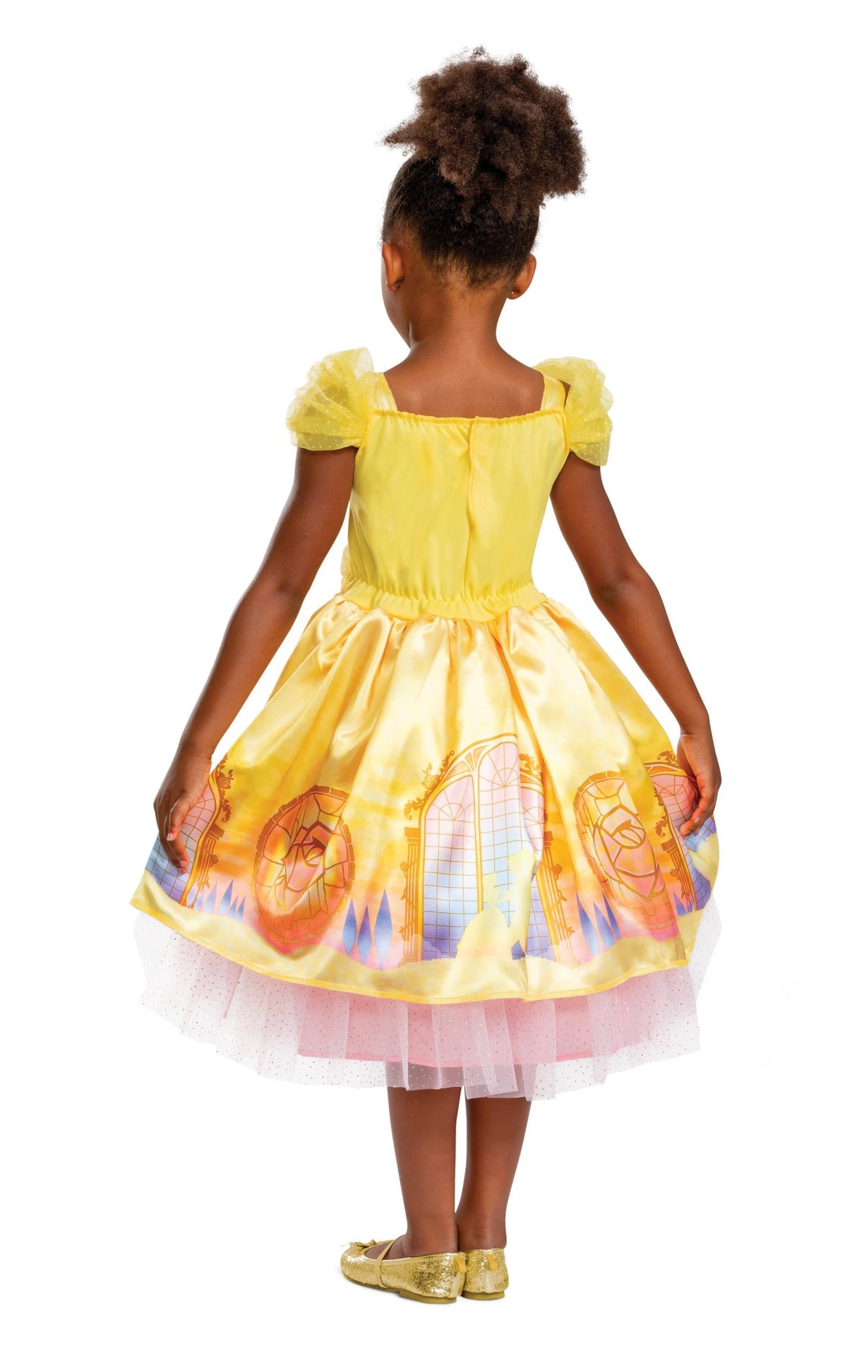 Belle-style yellow back-view child costume dress with ruffle shoulders and tulle skirt
