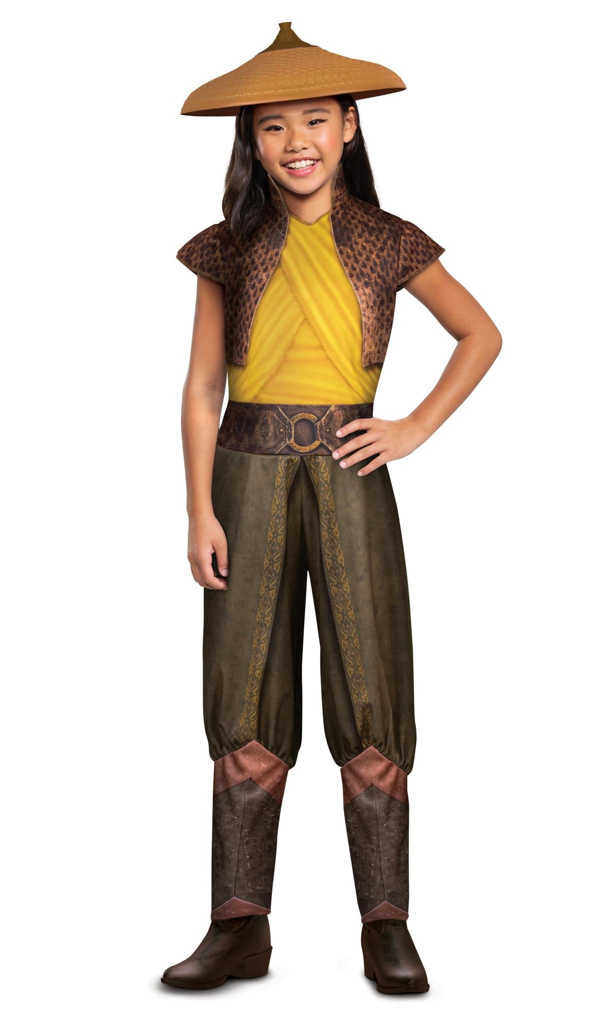 Children's Raya costume: brown tunic, yellow sash, olive pants, straw wide-brim hat