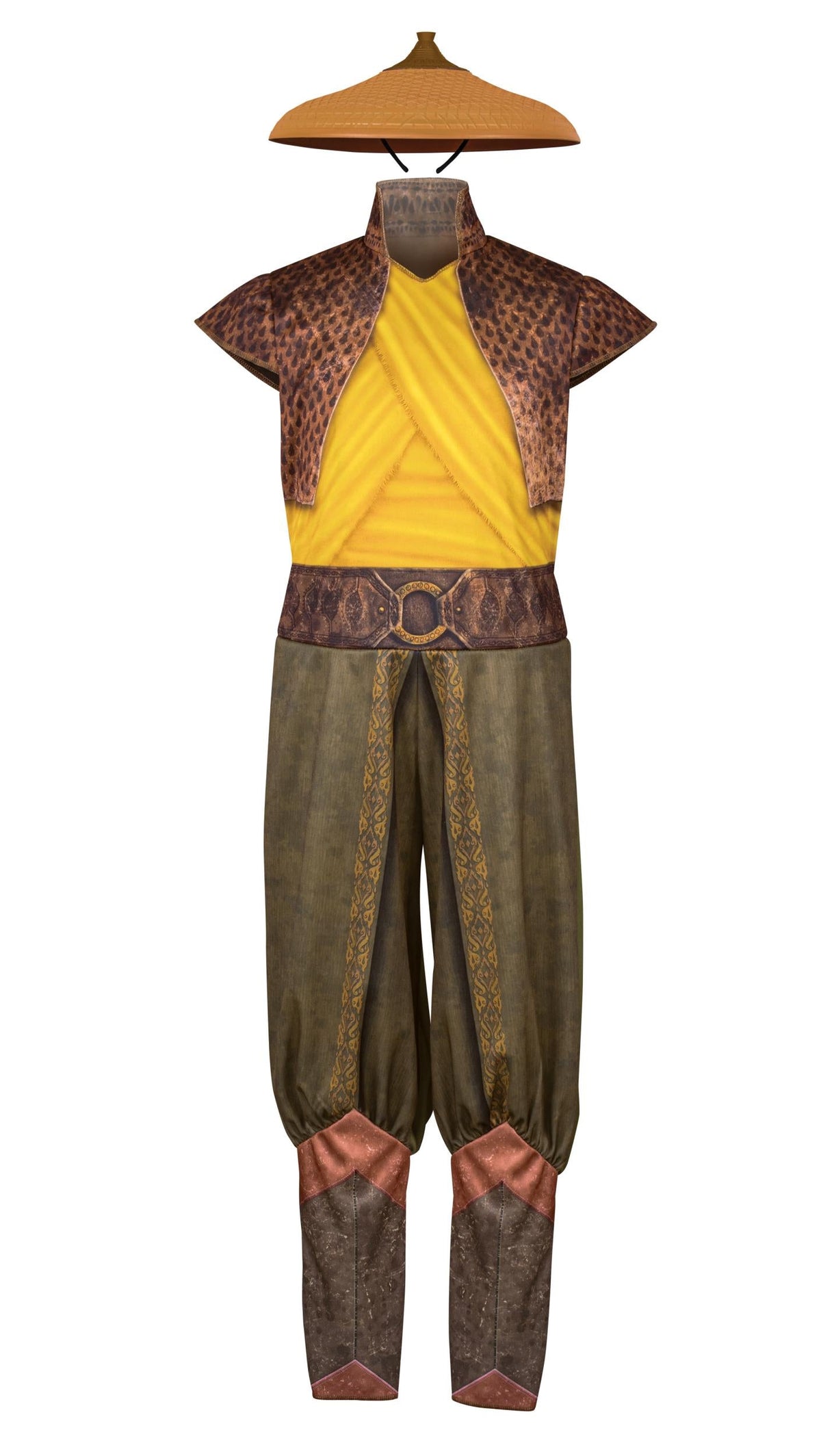 Children's Raya costume front: brown patterned tunic, yellow shirt, olive sash pants