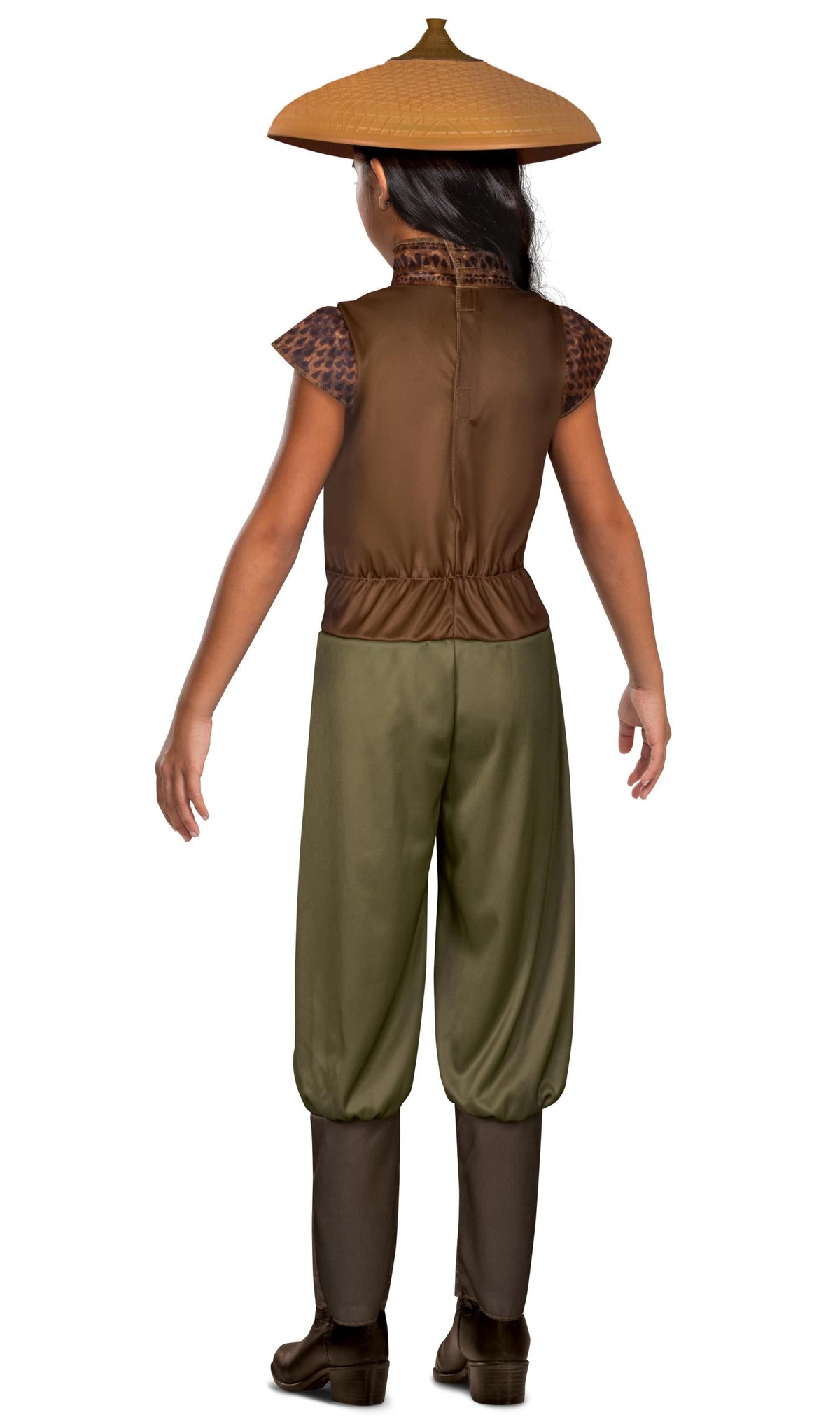 Children's Raya costume back: brown vest, olive draped pants, straw hat