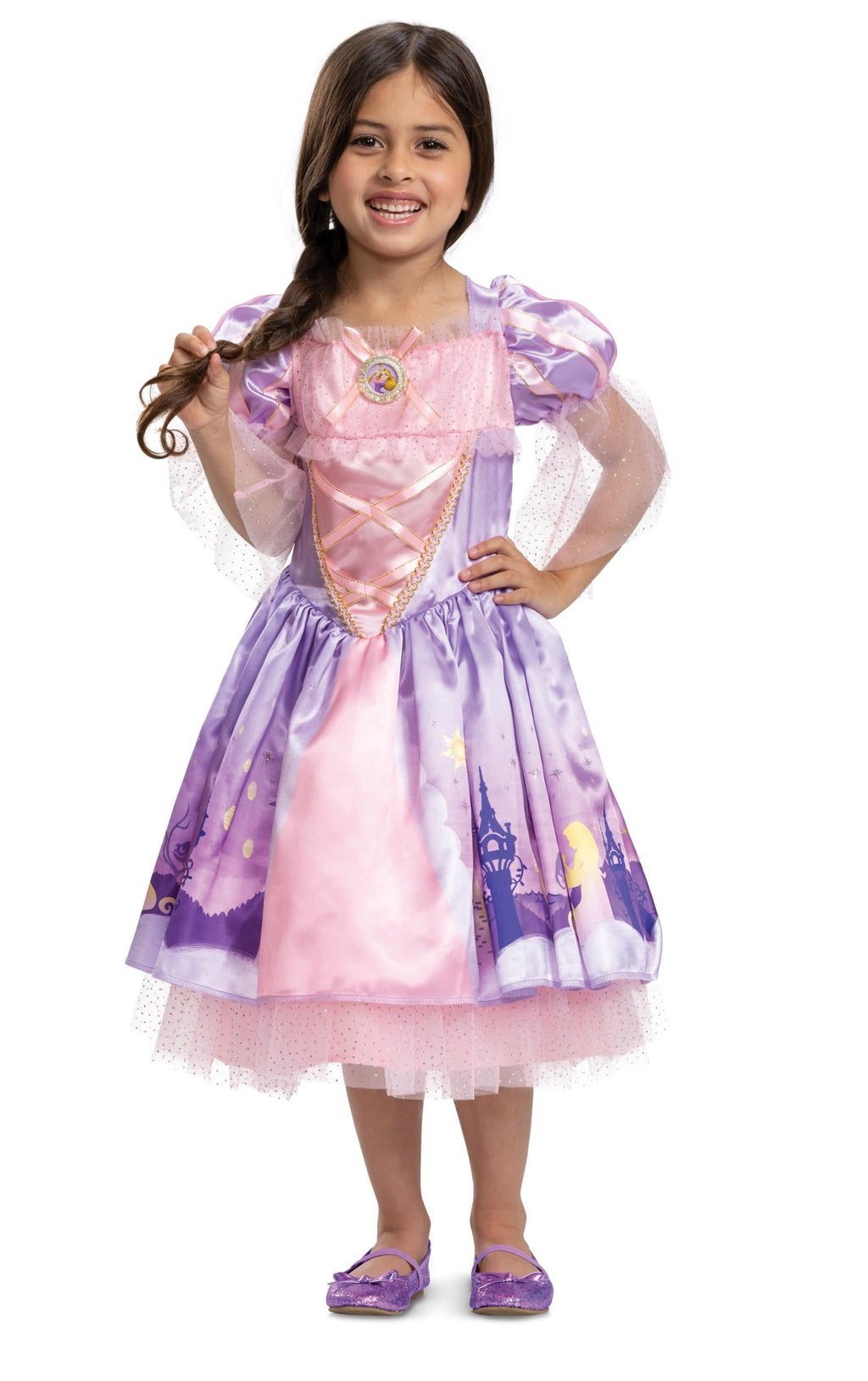 Girls Rapunzel-inspired dress costume with pink bodice, lavender skirt, tulle hem