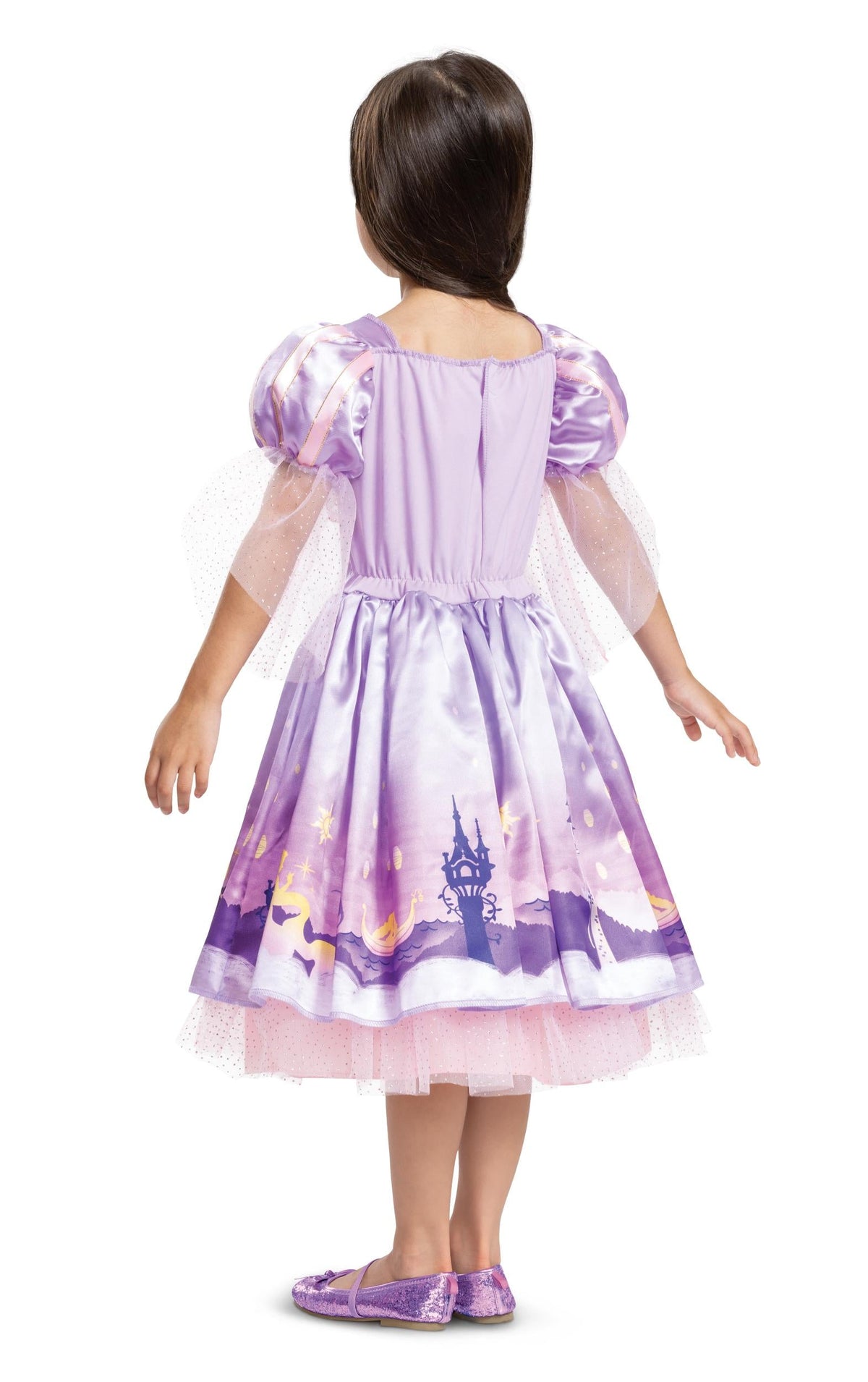 Girls Rapunzel-inspired back view dress costume with puff sleeves and lavender skirt