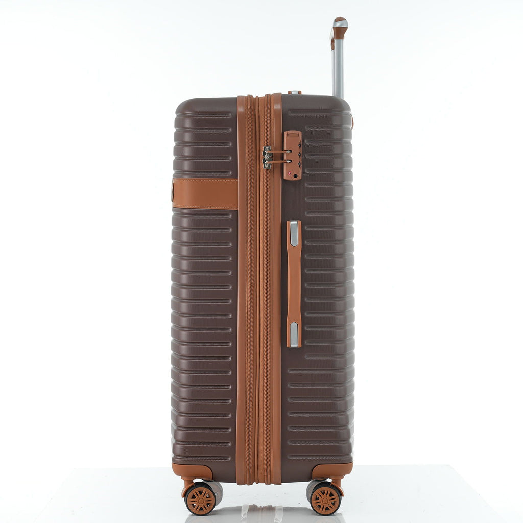 Dark brown hard-shell upright suitcase with side zipper compartment and spinner wheels