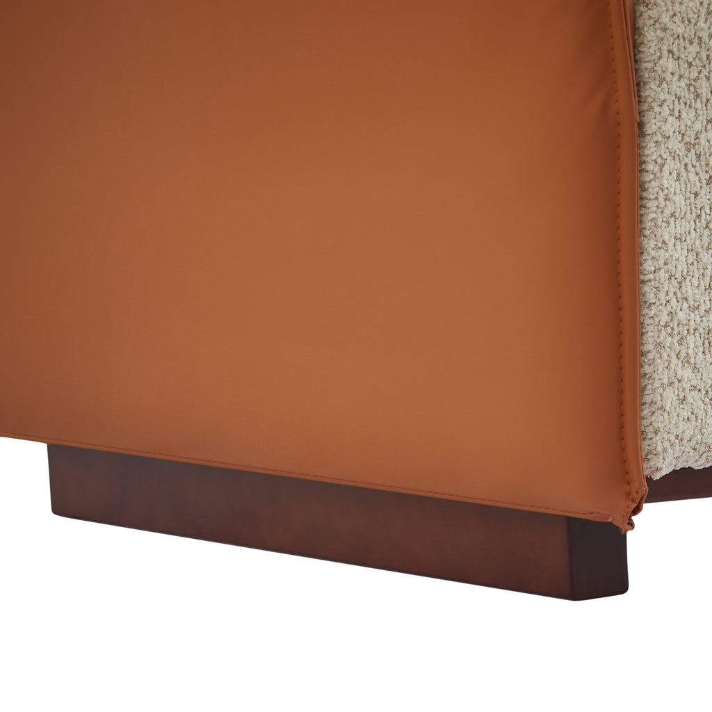 Terracotta side panel with boucle upholstery and dark wood base trim