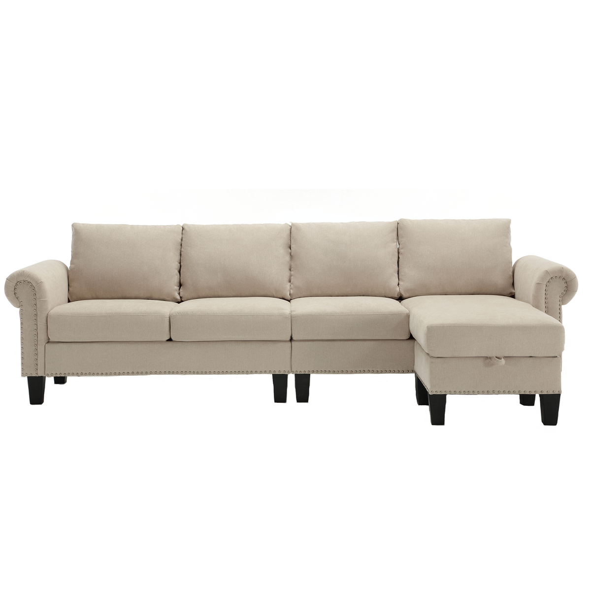 Beige linen L-shaped sectional sofa with storage ottoman and rolled arms
