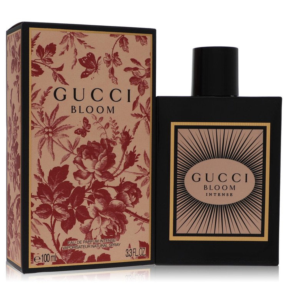 Gucci Bloom Intense Eau de Parfum spray bottle with matching floral gift box