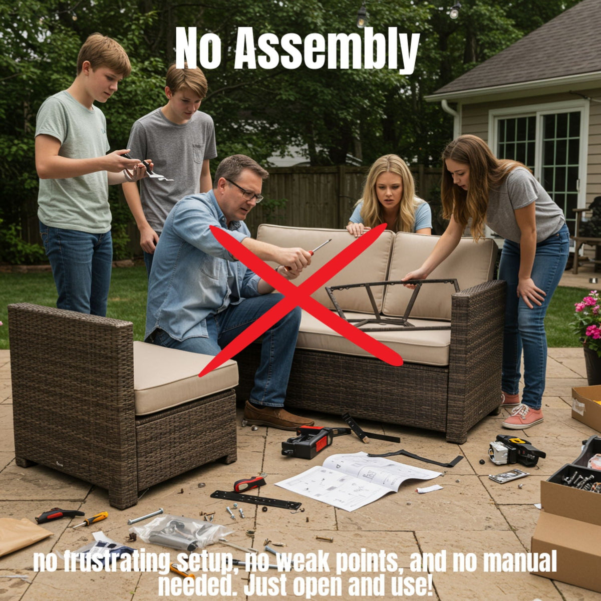 Wicker sectional sofa with cushions and table during assembly
