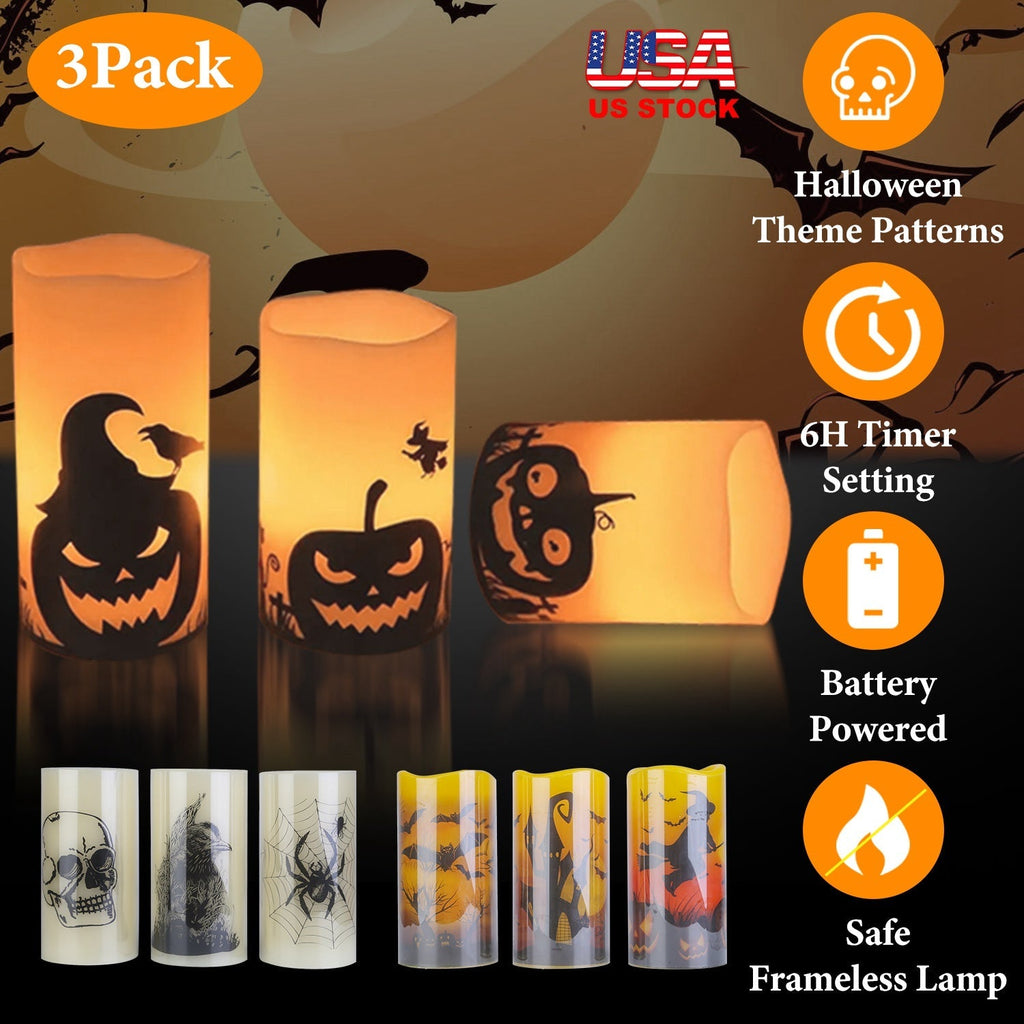 Three LED flameless candles with pumpkin, bat, and jack-o-lantern silhouettes, warm orange glow