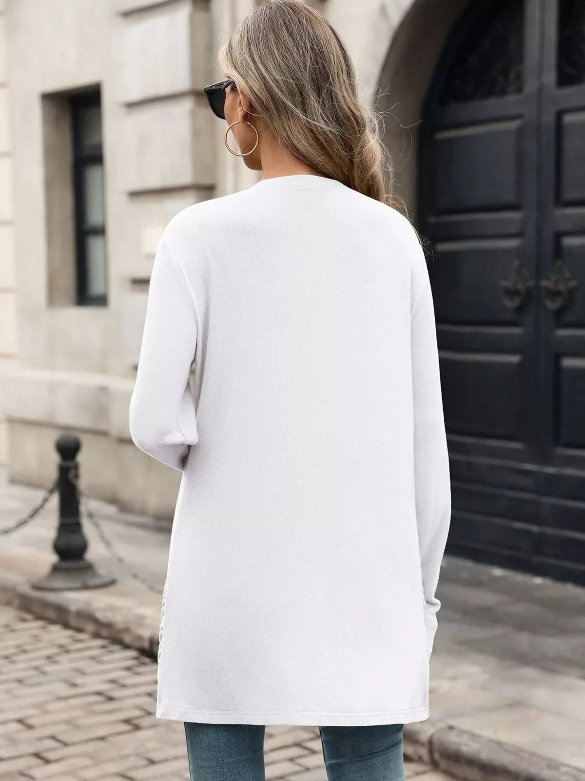 White open-front cardigan, long back hem with soft drape