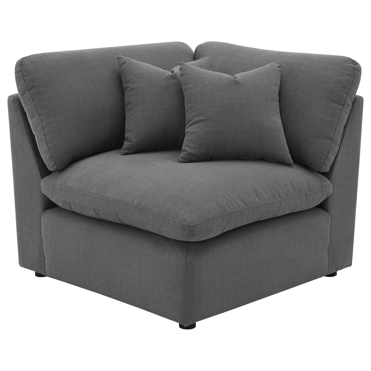 Charcoal upholstered corner sofa section with two seat cushions and armrests