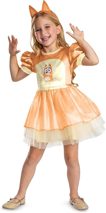 Toddler satin costume dress with character chest print, flare skirt, and tulle hem