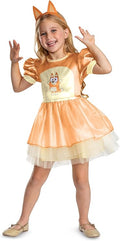 Toddler satin costume dress with character chest print, flare skirt, and tulle hem