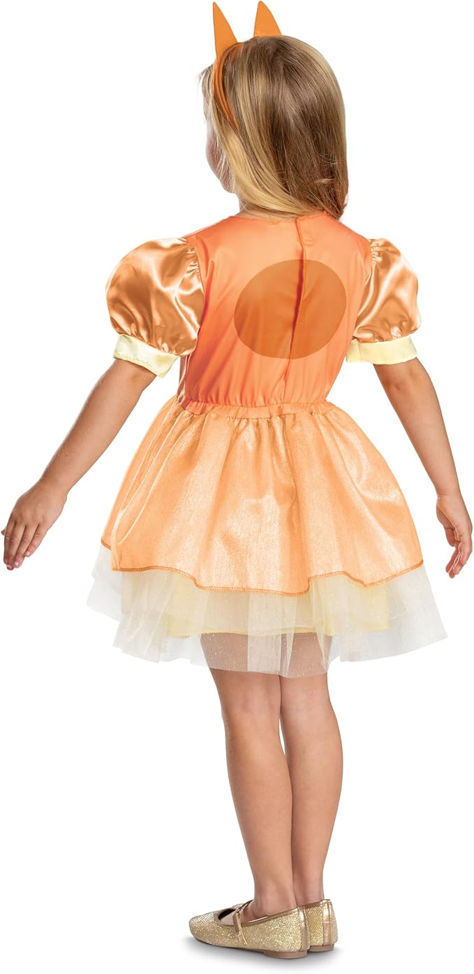 Toddler back-view satin costume dress with bow back, flare skirt, and layered tulle hem