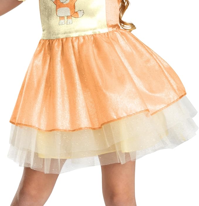Toddler satin costume dress skirt detail with character top panel and layered tulle hem