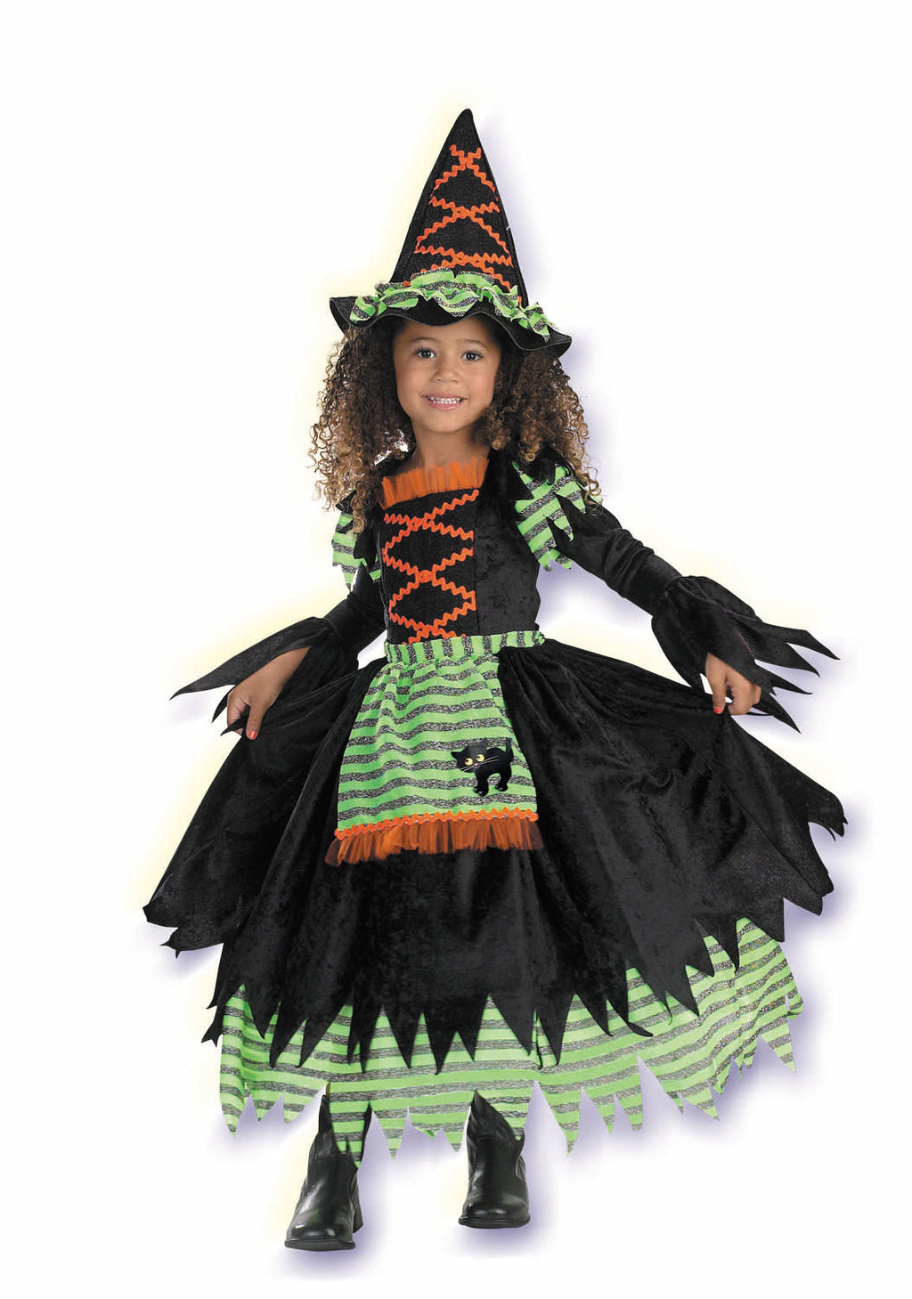 Toddler witch costume set with black dress, striped skirt, patterned hat, boot covers