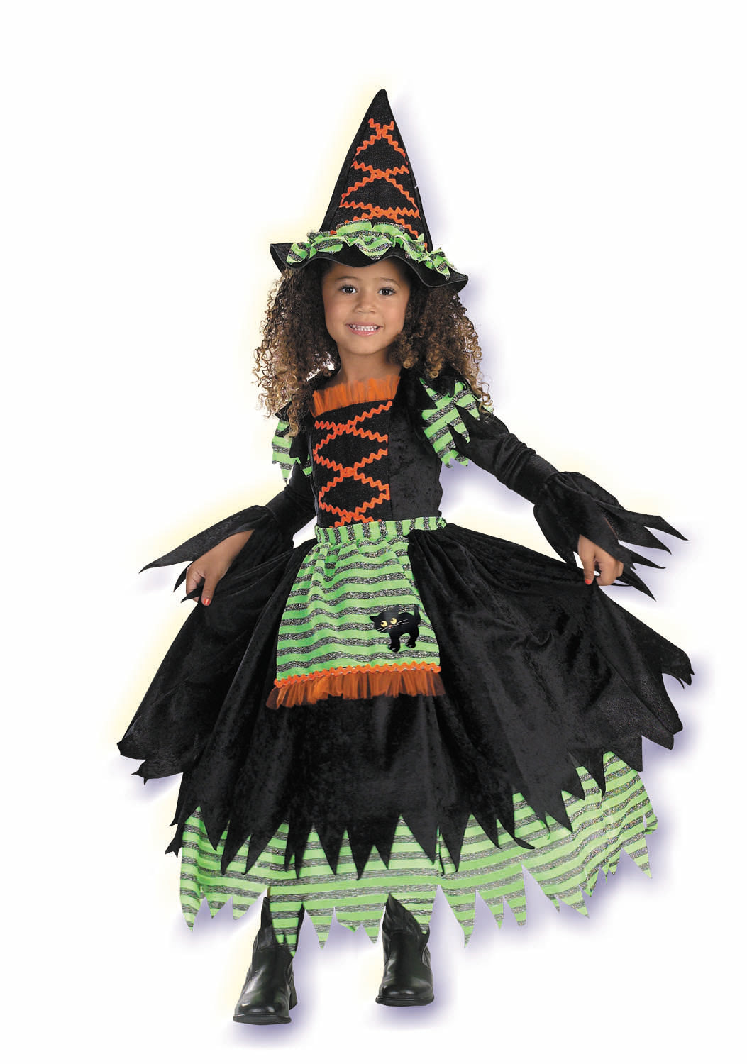 Toddler witch costume set with black dress, striped skirt, patterned hat, boot covers