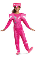 Pink Minecraft child armor costume with pixel helmet hood and long-sleeve jumpsuit