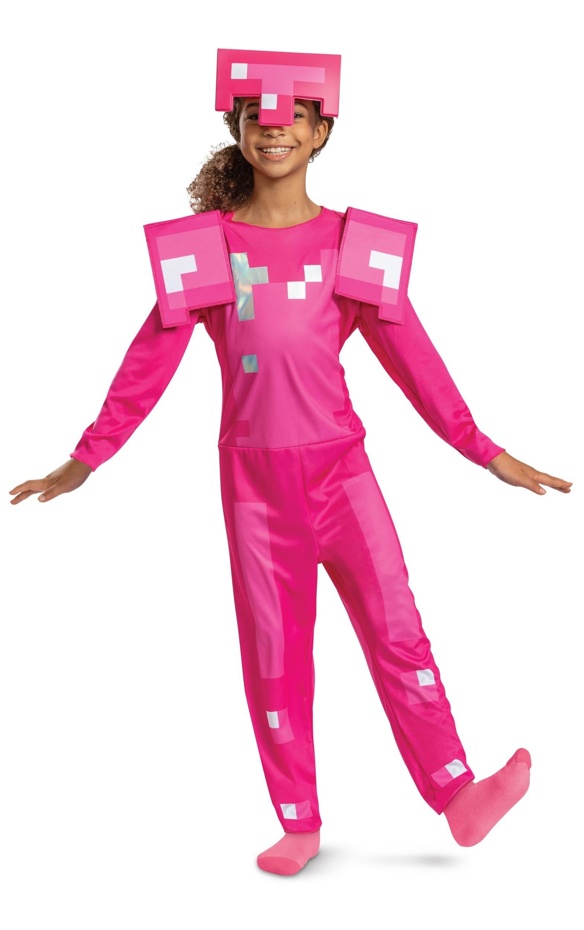 Pink Minecraft child armor costume with pixel helmet hood and long-sleeve jumpsuit