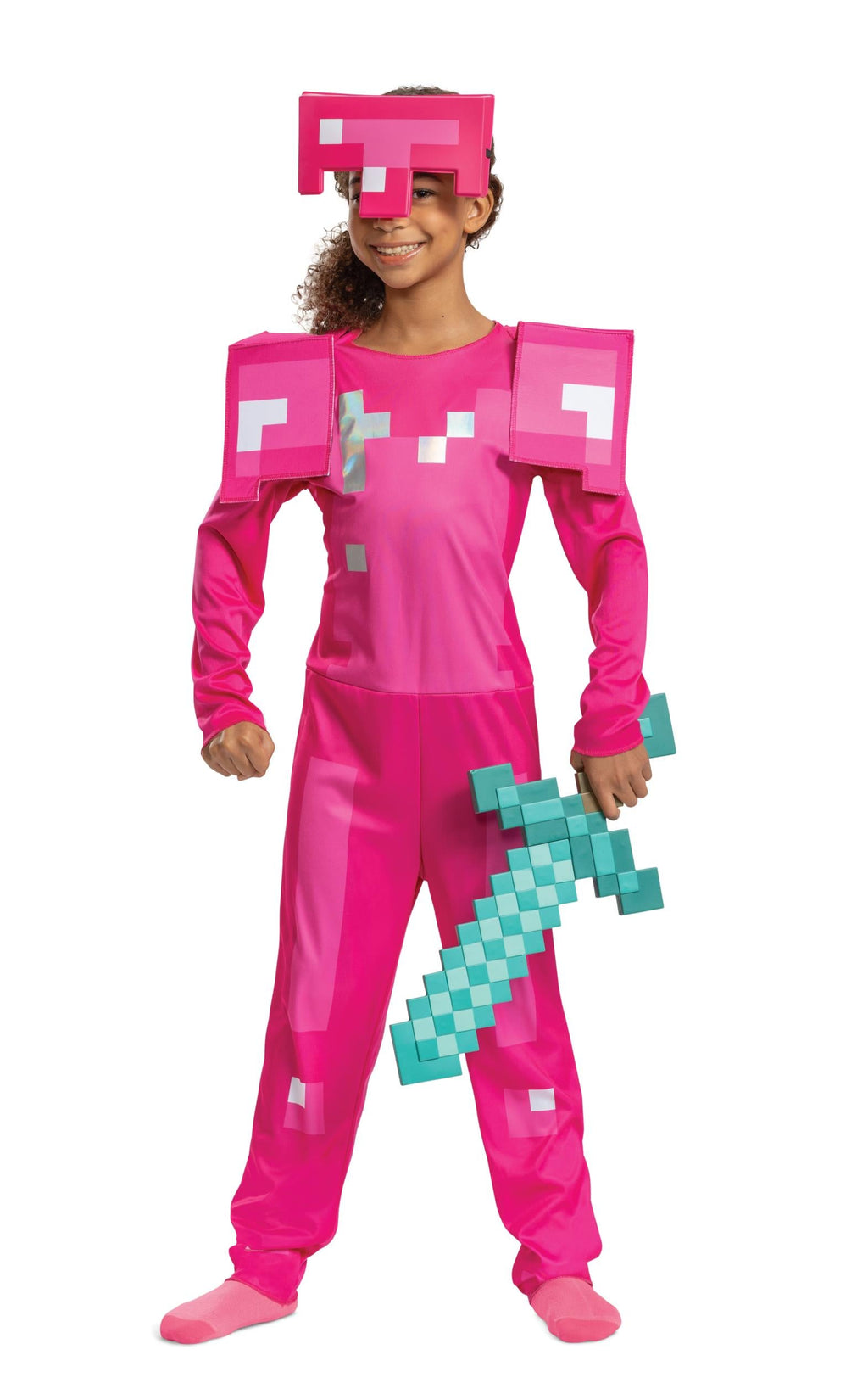 Pink Minecraft child armor costume with pixel helmet hood and teal pixel sword accessory