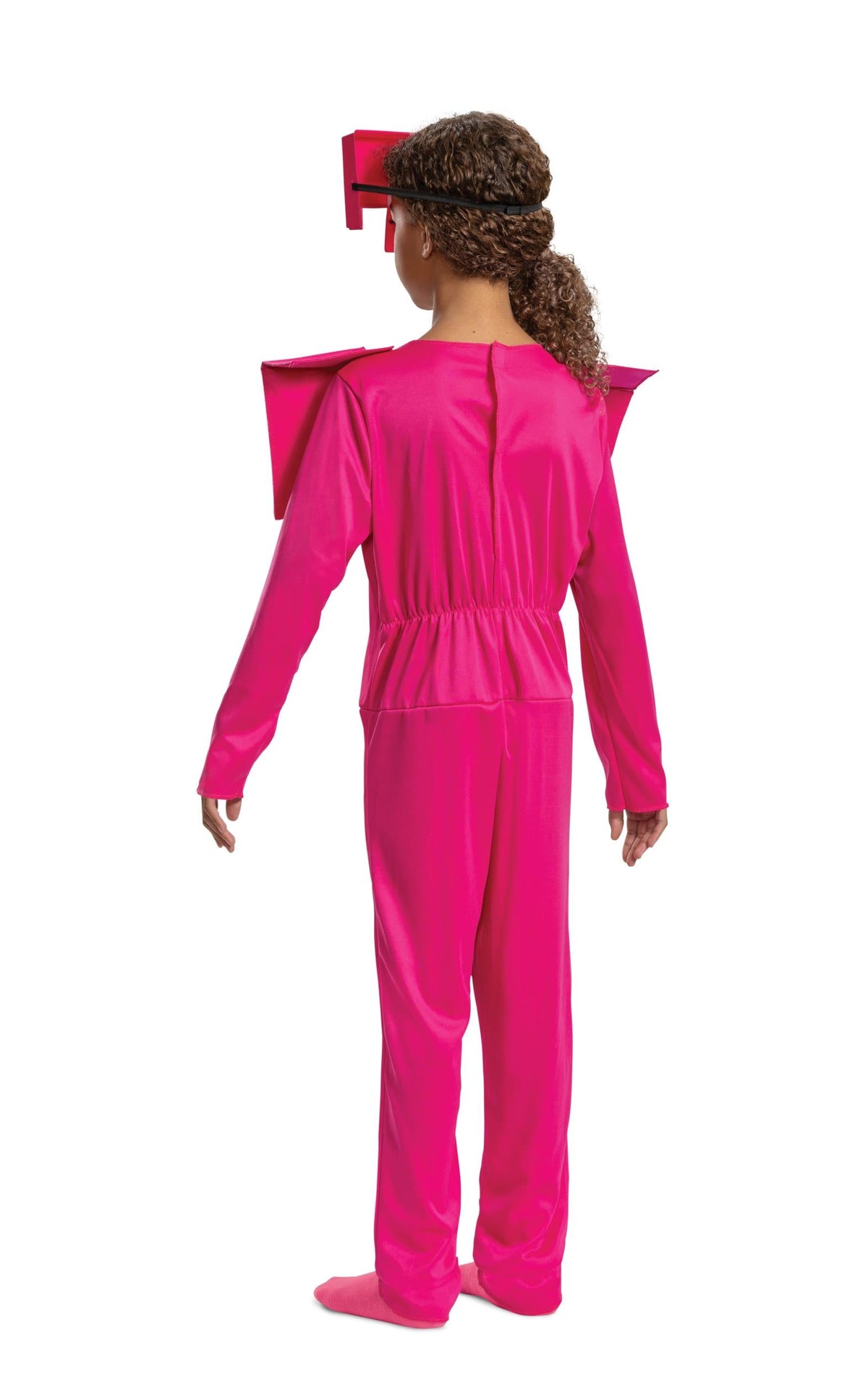 Pink Minecraft child armor costume with pixel helmet hood, open-back long sleeves