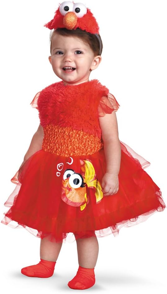 Red Elmo-themed toddler dress costume with tulle skirt, puff sleeves, and hat