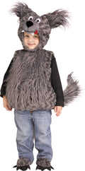 Gray plush wolf cub tunic costume with hood, attached paws, and tail for toddlers