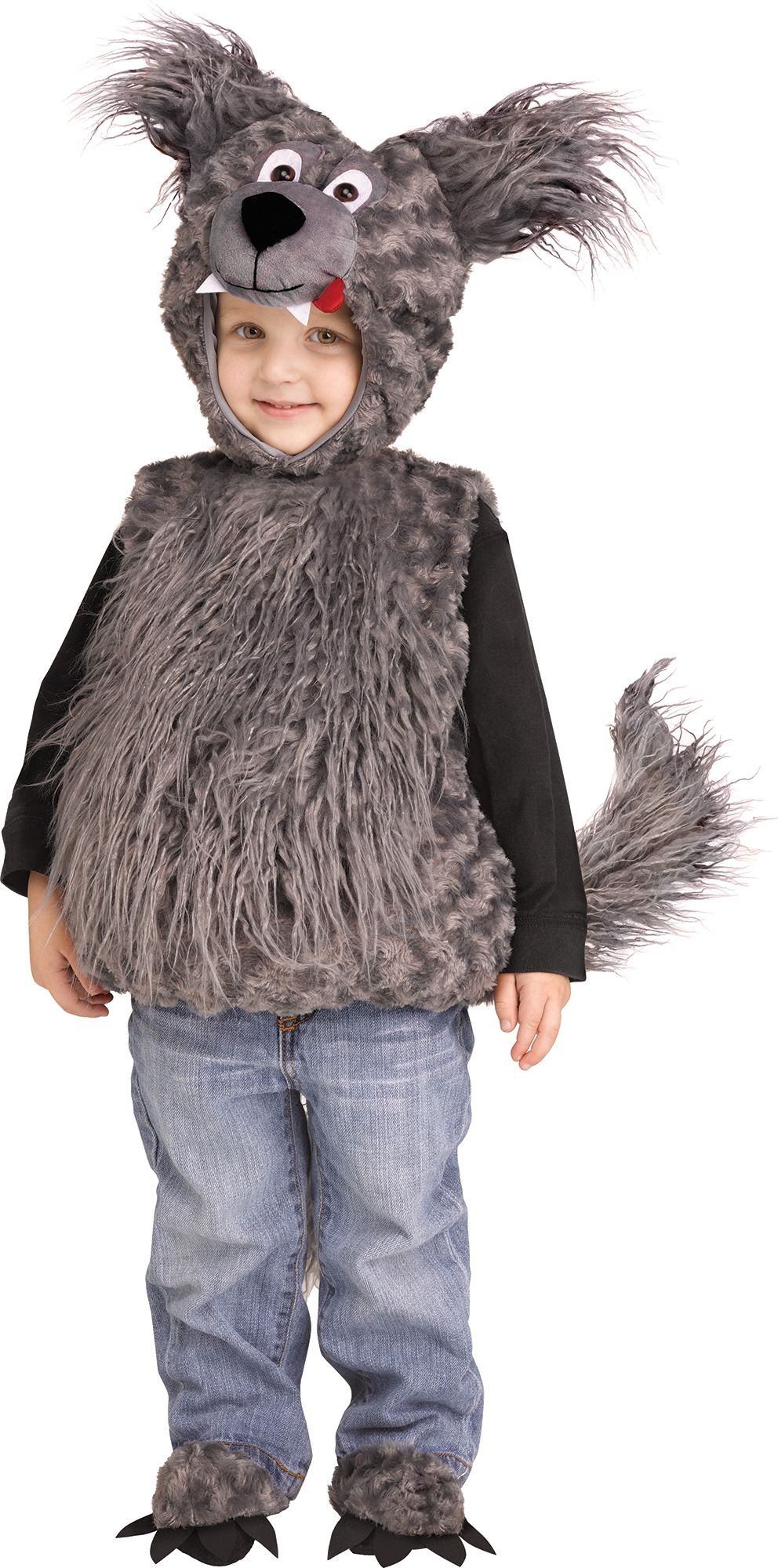 Gray plush wolf cub tunic costume with hood, attached paws, and tail for toddlers