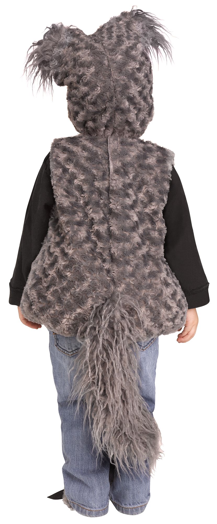 Gray plush wolf cub tunic costume with hood, tail, and open front for toddlers