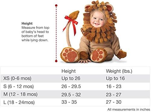 Brown plush lion baby costume with mane hood and paw-pad legs, length chart included