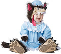 Baby wolf costume with blue gingham dress and fluffy character hood with paw mitts