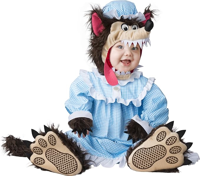 Baby wolf costume with blue gingham dress and fluffy character hood with paw mitts