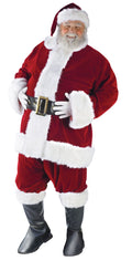 Santa costume suit in burgundy velvet with white faux-fur trim, belt, pants and boots