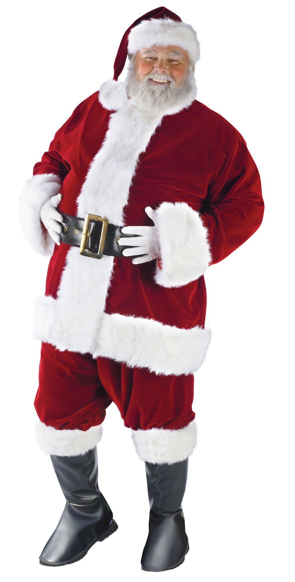 Santa costume suit in burgundy velvet with white faux-fur trim, belt, pants and boots