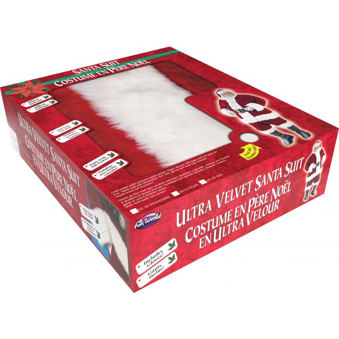 Santa velvet suit costume box in red packaging with white faux-fur trim illustration