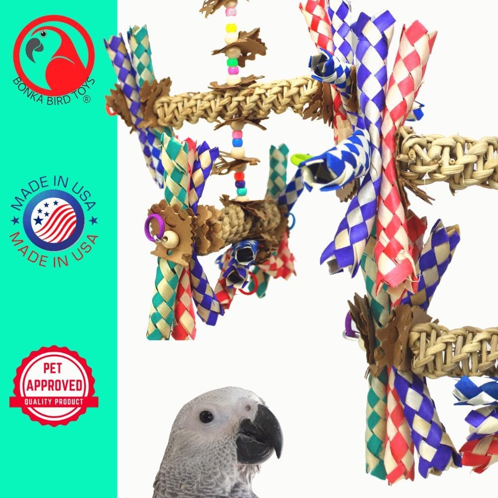 Wide parrot toy with close-up view of woven bars, braided strips and wooden chew pieces