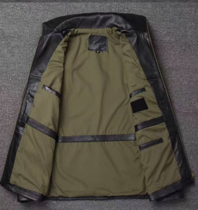 Men's leather jacket inside view, khaki lining with contrast trim and pockets
