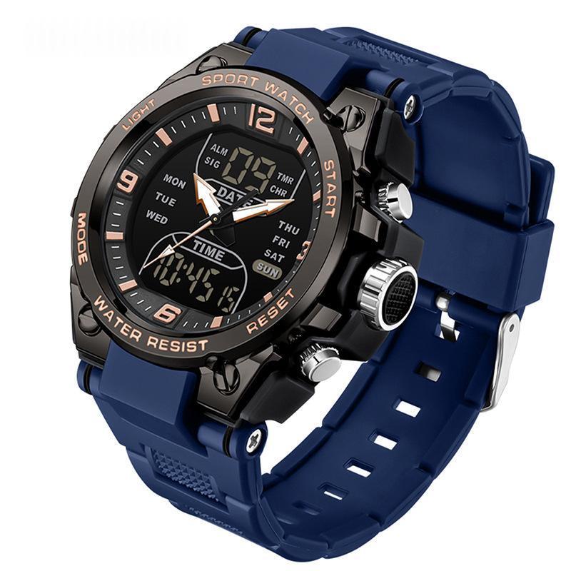 Waterproof dual-display sport watch, navy blue silicone strap with black dial and silver case