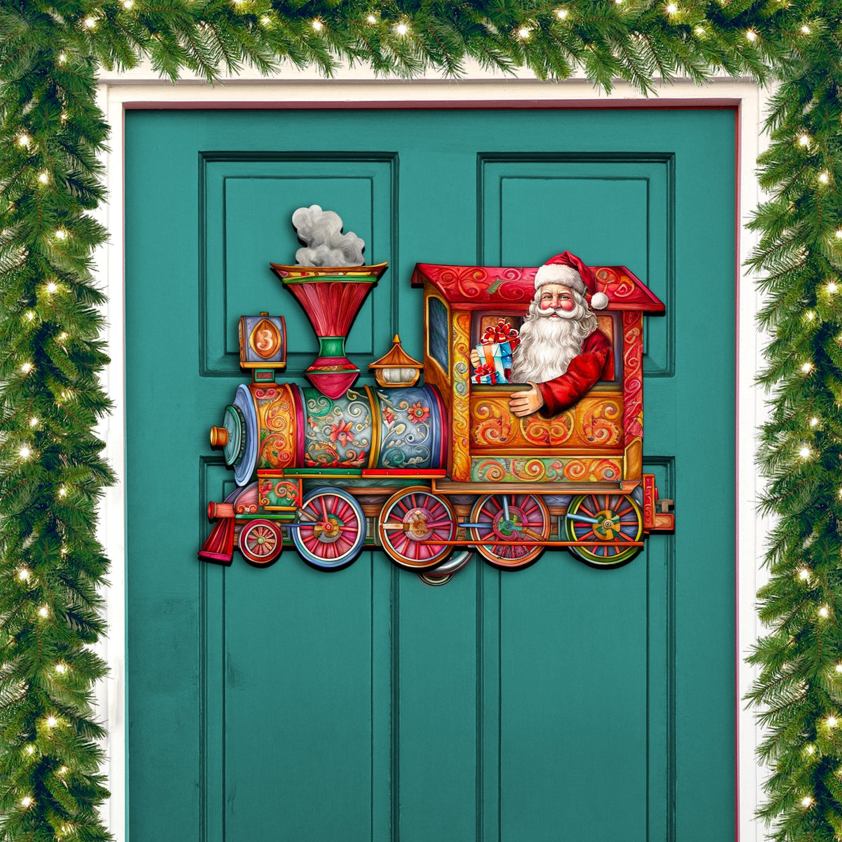 Santa train door decoration with snowman in smokestack and festive red-orange cabin