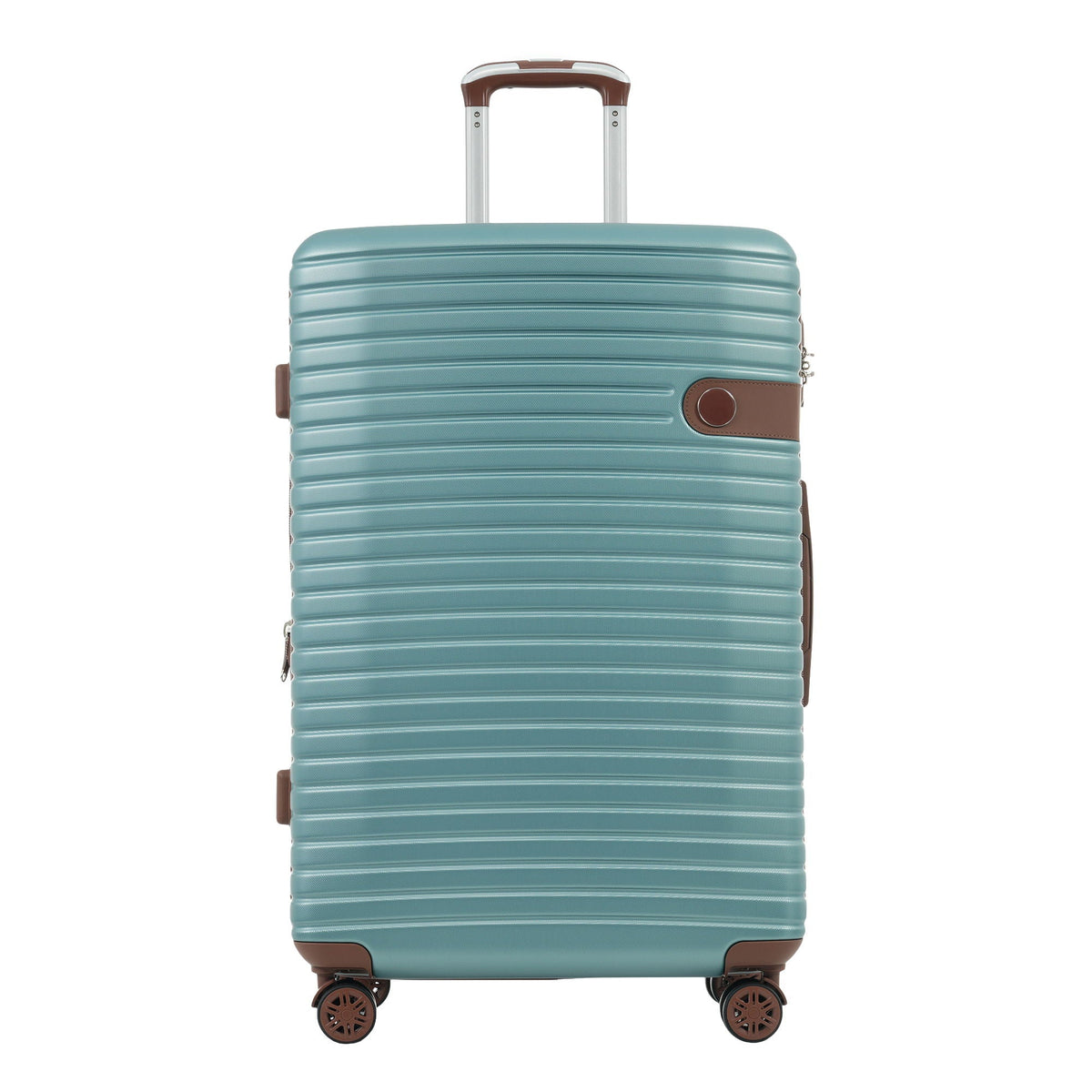 Light teal hard-shell upright suitcase with round badge and spinner wheels
