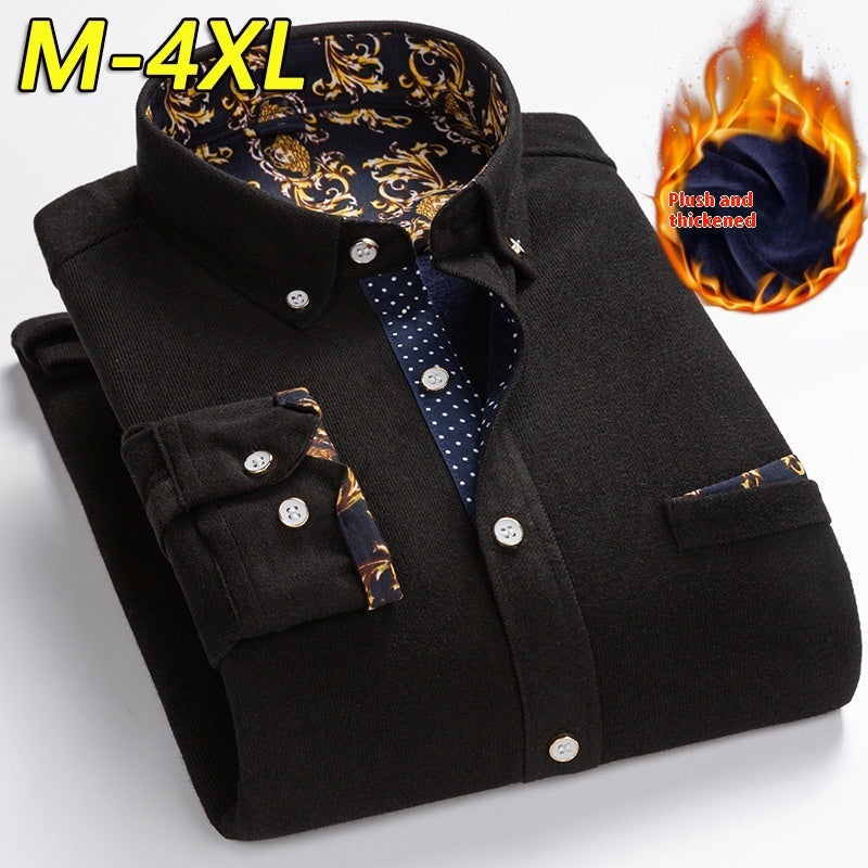 Men's corduroy fleece warm shirt in black, button-up with chest pockets and patterned collar lining