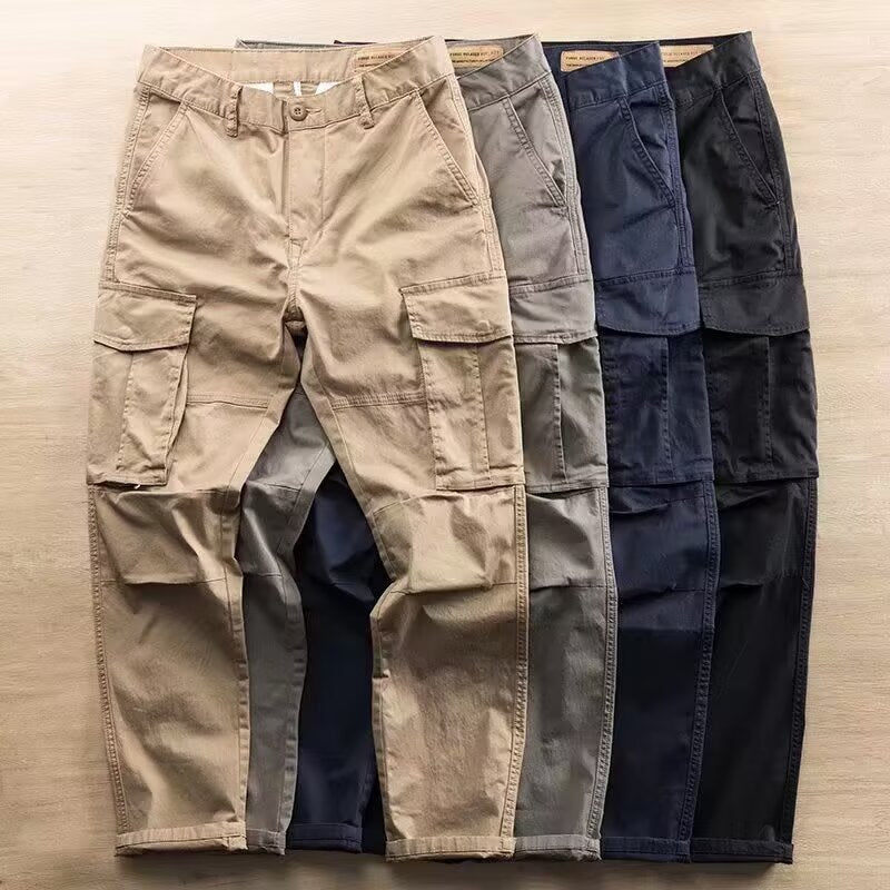 Men's cargo work pants assortment with straight legs, flap side cargo pockets, belt loops
