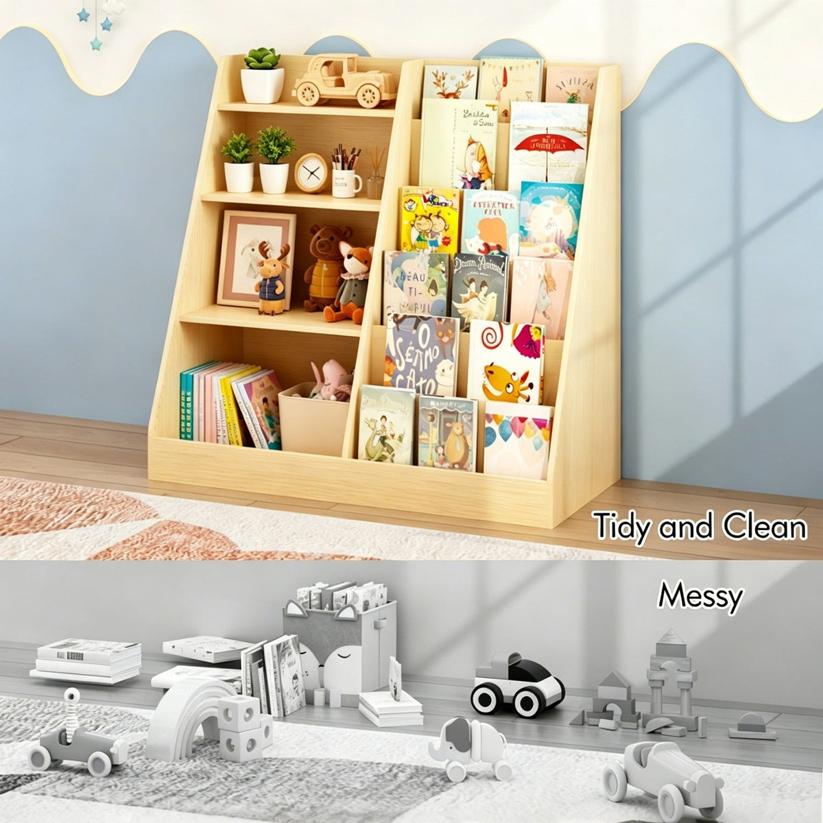 Light wood kids bookshelf organizer with books and toy bins, tidy storage look