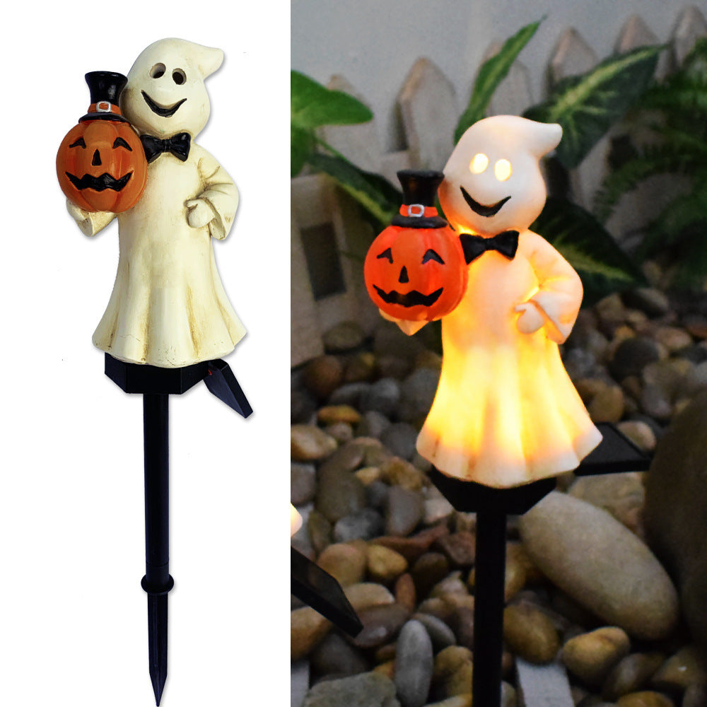 Solar Halloween ghost cat pumpkin lantern stake light with smiling white ghost and glowing pumpkin