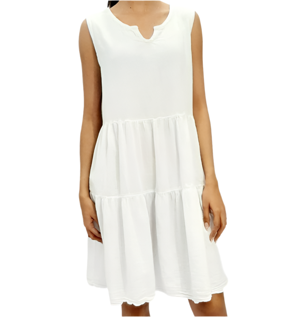 Anjanette white sleeveless cotton gauze dress with V-neck and tiered hem