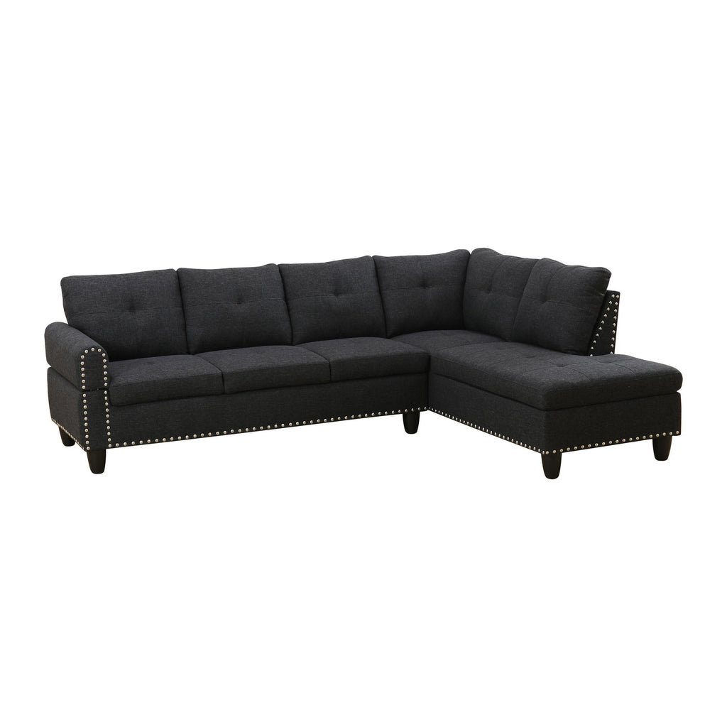 Dark gray L-shaped sectional sofa with nailhead trim, square arms, and deep seat cushions