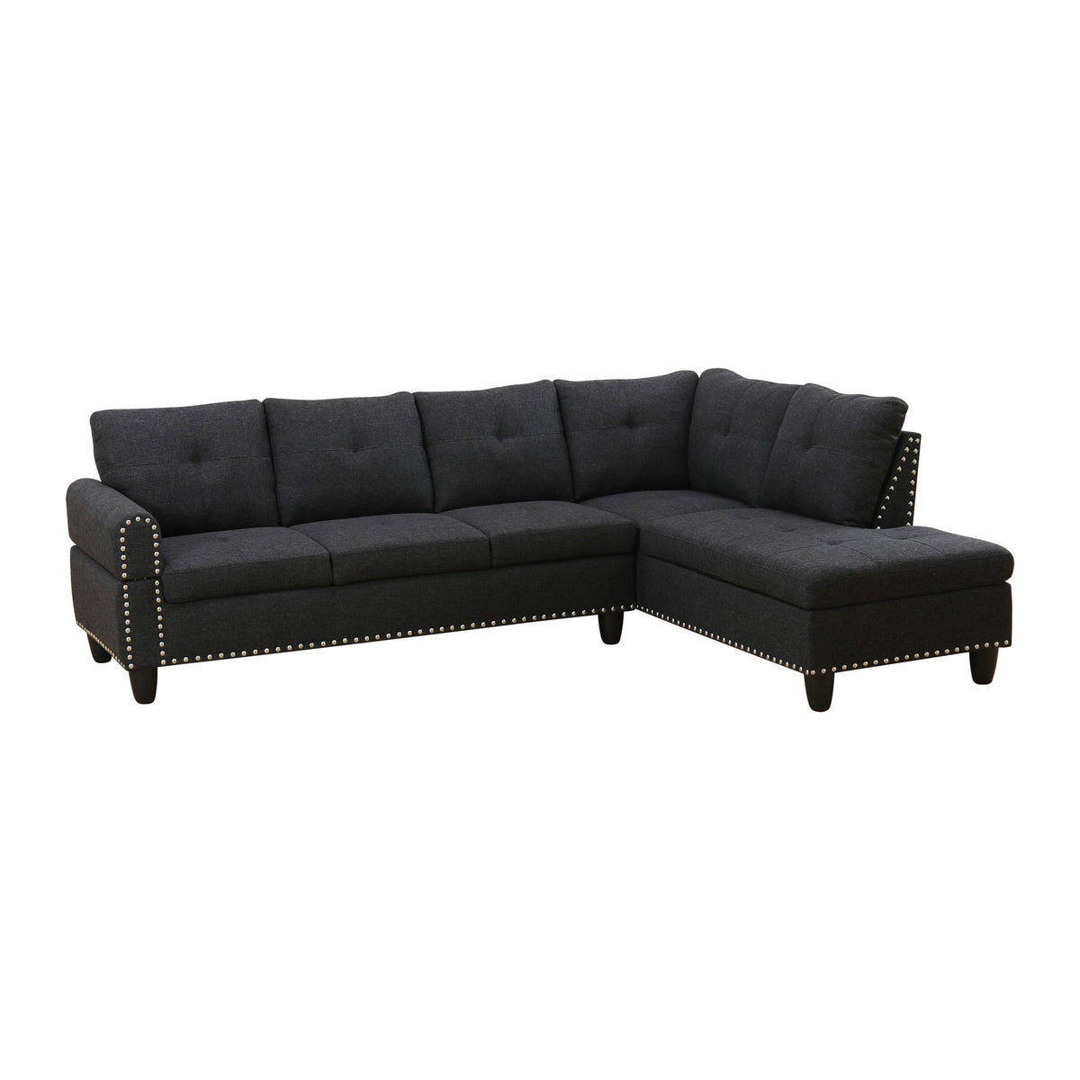 Dark gray L-shaped sectional sofa with nailhead trim, square arms, and deep seat cushions