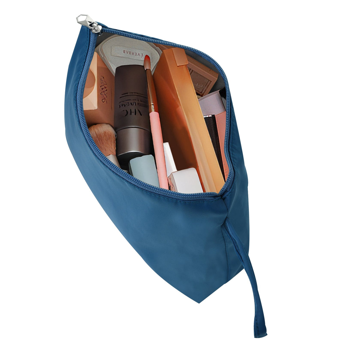 Blue zippered pouch bag open, showing toiletries and small bottles inside